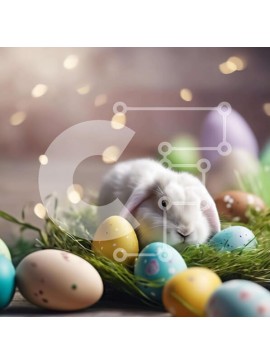 Intra Συλλεκτικό Ξύλινο Παζλ Plywood  4mm - Λευκό κουνέλι και Πασχαλινά αυγά στη χλόη Σε Ξύλινο Κουτί - Διαστάσεις Puzzle: 10x10 cm – 25 κομμάτια