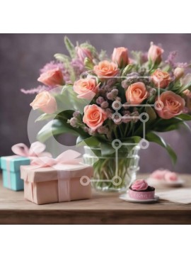 Σετ των 2 Intra Συλλεκτικό Ξύλινο Παζλ Plywood  4mm - Ροζ τριαντάφυλλα σε γυάλινο βάζο με κουτιά δώρων και cupcakes Σε Ξύλινο Κουτί - Διαστάσεις: 10x10 cm – 25 κομμάτια