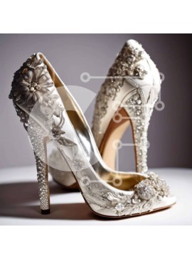 Σετ των 2 Intra Συλλεκτικό Ξύλινο Παζλ Plywood  4mm - Λευκές ψηλοτάκουνες γόβες με πέρλες και κρύσταλλα Σε Ξύλινο Κουτί - Διαστάσεις: 10x10 cm – 25 κομμάτια