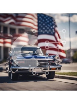 Intra Συλλεκτικό Ξύλινο Παζλ Plywood  4mm - Vintage αυτοκίνητο μπροστά από την αμερικανική σημαία Σε Ξύλινο Κουτί - Διαστάσεις Puzzle: 10x10 cm – 25 κομμάτια