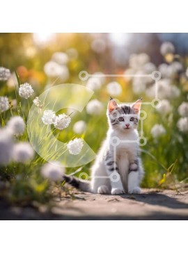 Intra Συλλεκτικό Ξύλινο Παζλ Plywood  4mm - Γκρι και άσπρη γάτα με λευκά λουλούδια Σε Ξύλινο Κουτί - Διαστάσεις: 10x10 cm – 25 κομμάτια