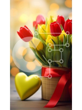 Intra Συλλεκτικό Ξύλινο Παζλ Plywood  4mm - Πολύχρωμο μπουκέτο τουλίπας με χρυσό κουτί σε σχήμα καρδιάς Σε Ξύλινο Κουτί - Διαστάσεις Puzzle: 10x10 cm – 25 κομμάτια