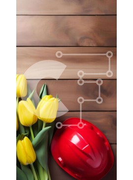 Σετ των 2 Intra Συλλεκτικό Ξύλινο Παζλ Plywood  4mm - Κίτρινες τουλίπες και κόκκινο σκληρό καπέλο σε ξύλινη επιφάνεια Σε Ξύλινο Κουτί - Διαστάσεις: 10x10 cm – 25 κομμάτια