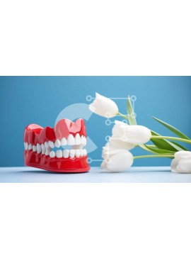 Intra Συλλεκτικό Ξύλινο Παζλ Plywood  4mm - Κόκκινο οδοντιατρικό μοντέλο και λευκές τουλίπες Σε Ξύλινο Κουτί - Διαστάσεις Puzzle: 10x10 cm – 25 κομμάτια