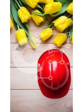 Intra Συλλεκτικό Ξύλινο Παζλ Plywood  4mm - Κόκκινο σκληρό καπέλο και κίτρινες τουλίπες σε ένα ξύλινο τραπέζι Σε Ξύλινο Κουτί - Διαστάσεις Puzzle: 10x10 cm – 25 κομμάτια