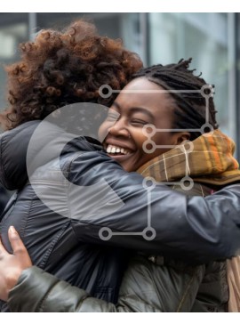 Intra Συλλεκτικό Ξύλινο Παζλ Plywood  4mm - Δύο γυναίκες που αγκαλιάζονται έξω από το κτίριο Σε Ξύλινο Κουτί - Διαστάσεις Puzzle: 10x10 cm – 25 κομμάτια