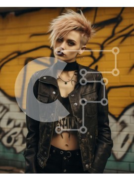 Intra Συλλεκτικό Ξύλινο Παζλ Plywood  4mm - Κομψή νεαρή γυναίκα με ροζ μαλλιά και τοίχους γκράφιτι Σε Ξύλινο Κουτί - Διαστάσεις Puzzle: 10x10 cm – 25 κομμάτια