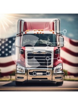 Intra Συλλεκτικό Ξύλινο Παζλ Plywood  4mm - Κόκκινο ημι-φορτηγό στο δρόμο μπροστά από την αμερικανική σημαία Σε Ξύλινο Κουτί - Διαστάσεις Puzzle: 10x10 cm – 25 κομμάτια