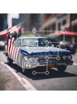 Intra Συλλεκτικό Ξύλινο Παζλ Plywood  4mm - Κλασικό μπλε αυτοκίνητο με αμερικανική σημαία στην οδό Σε Ξύλινο Κουτί - Διαστάσεις Puzzle: 10x10 cm – 25 κομμάτια