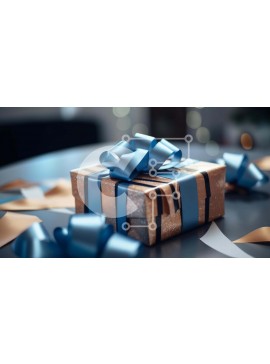 Intra Συλλεκτικό Ξύλινο Παζλ Plywood  4mm - Καφέ Κουτί δώρου με μπλε κορδέλες και σκόρπια χαρτιά Σε Ξύλινο Κουτί - Διαστάσεις Puzzle: 10x10 cm – 25 κομμάτια