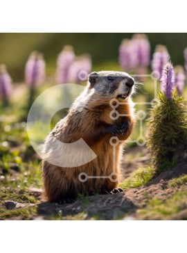 Intra Συλλεκτικό Ξύλινο Παζλ Plywood  4mm - Groundhog στη φύση κοντά σε μωβ λουλούδια Σε Ξύλινο Κουτί - Διαστάσεις: 10x10 cm – 25 κομμάτια