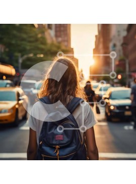 Intra Συλλεκτικό Ξύλινο Παζλ Plywood  4mm - Γυναίκα που περπατά στην οδό της πόλης με σακίδιο Σε Ξύλινο Κουτί - Διαστάσεις Puzzle: 10x10 cm – 25 κομμάτια