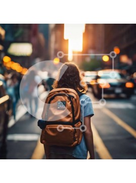 Intra Συλλεκτικό Ξύλινο Παζλ Plywood  4mm - Νεαρή γυναίκα που περπατά στην πόλη με πορτοκαλί σακίδιο Σε Ξύλινο Κουτί - Διαστάσεις Puzzle: 10x10 cm – 25 κομμάτια