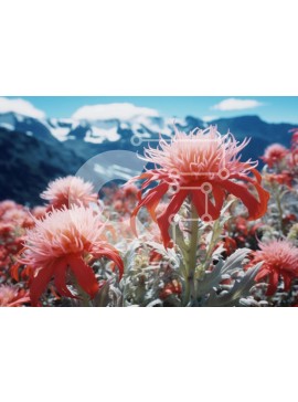 Intra Συλλεκτικό Ξύλινο Παζλ Plywood  4mm - Ροζ λουλούδια στο χωράφι με τα χιονισμένα βουνά Σε Ξύλινο Κουτί - Διαστάσεις: 10x10 cm – 25 κομμάτια