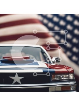 Intra Συλλεκτικό Ξύλινο Παζλ Plywood  4mm - Κόκκινο, λευκό και μπλε αυτοκίνητο παρκαρισμένο μπροστά από την αμερικανική σημαία Σε Ξύλινο Κουτί - Διαστάσεις Puzzle: 10x10 cm – 25 κομμάτια