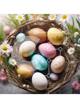 Intra Συλλεκτικό Ξύλινο Παζλ Plywood  4mm - Πολύχρωμα Πασχαλινά αυγά και μαργαρίτες σε μια φωλιά Σε Ξύλινο Κουτί - Διαστάσεις Puzzle: 10x10 cm – 25 κομμάτια