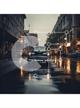 Intra Συλλεκτικό Ξύλινο Παζλ Plywood  4mm - Παλιό μαύρο αυτοκίνητο παρκαρισμένο στην οδό Wet City Σε Ξύλινο Κουτί - Διαστάσεις Puzzle: 10x10 cm – 25 κομμάτια