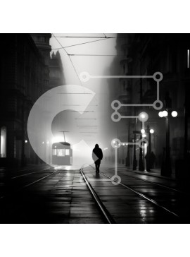 Intra Συλλεκτικό Ξύλινο Παζλ Plywood  4mm - Πρόσωπο που περπατά στην Misty City Street με τρόλεϊ Σε Ξύλινο Κουτί - Διαστάσεις Puzzle: 10x10 cm – 25 κομμάτια