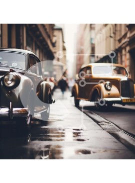 Intra Συλλεκτικό Ξύλινο Παζλ Plywood  4mm - Vintage και σύγχρονα αυτοκίνητα στην Wet City Street Σε Ξύλινο Κουτί - Διαστάσεις Puzzle: 10x10 cm – 25 κομμάτια