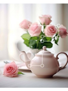 Σετ των 2 Intra Συλλεκτικό Ξύλινο Παζλ Plywood  4mm - Λευκή Τσαγιέρα με Ροζ Τριαντάφυλλα και Τραπέζι Σε Ξύλινο Κουτί - Διαστάσεις: 10x10 cm – 25 κομμάτια