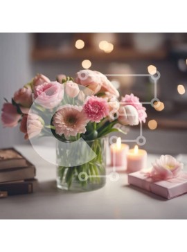 Intra Συλλεκτικό Ξύλινο Παζλ Plywood  4mm - Γυάλινο βάζο με ροζ λουλούδια και κεριά στο τραπέζι Σε Ξύλινο Κουτί - Διαστάσεις Puzzle: 10x10 cm – 25 κομμάτια