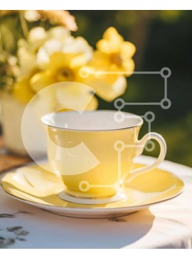 Σετ των 2 Intra Συλλεκτικό Ξύλινο Παζλ Plywood  4mm - Κίτρινο φλιτζάνι, πιατάκι και πιάτο στο τραπέζι εξωτερικού χώρου Σε Ξύλινο Κουτί - Διαστάσεις: 10x10 cm – 25 κομμάτια