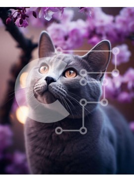 Σετ των 2 Intra Συλλεκτικό Ξύλινο Παζλ Plywood  4mm - Περίεργη γκρίζα γάτα και μωβ άνθη Σε Ξύλινο Κουτί - Διαστάσεις: 10x10 cm – 25 κομμάτια