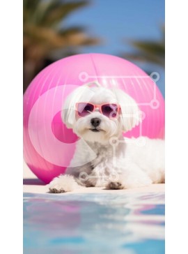 Σετ των 2 Intra Συλλεκτικό Ξύλινο Παζλ Plywood  4mm - Αξιολάτρευτο λευκό σκυλί με ροζ γυαλιά ηλίου στην πισίνα Σε Ξύλινο Κουτί - Διαστάσεις: 10x10 cm – 25 κομμάτια