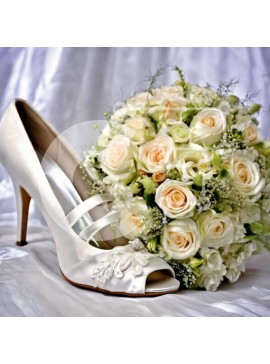 Σετ των 2 Intra Συλλεκτικό Ξύλινο Παζλ Plywood  4mm - Λευκό γαμήλιο παπούτσι και μπουκέτο με λευκά τριαντάφυλλα Σε Ξύλινο Κουτί - Διαστάσεις: 10x10 cm – 25 κομμάτια