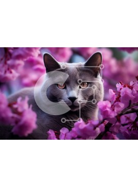 Intra Συλλεκτικό Ξύλινο Παζλ Plywood  4mm - Γκρίζα γάτα και ροζ άνθη κερασιάς Σε Ξύλινο Κουτί - Διαστάσεις: 10x10 cm – 25 κομμάτια