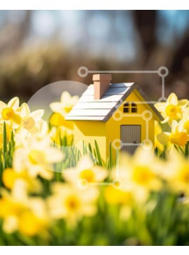 Intra Συλλεκτικό Ξύλινο Παζλ Plywood  4mm - Κίτρινο σπίτι ανάμεσα στους νάρκισσους Σε Ξύλινο Κουτί - Διαστάσεις: 10x10 cm – 25 κομμάτια