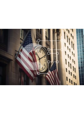 Intra Συλλεκτικό Ξύλινο Παζλ Plywood  4mm - Ρολόι που κρέμεται από αμερικανική σημαία και κτίρια Σε Ξύλινο Κουτί - Διαστάσεις Puzzle: 10x10 cm – 25 κομμάτια