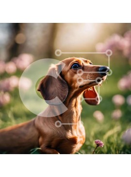 Intra Συλλεκτικό Ξύλινο Παζλ Plywood  4mm - Περίεργος καφέ Dachshund σκύλος σε γρασίδι με ροζ λουλούδια Σε Ξύλινο Κουτί - Διαστάσεις: 10x10 cm – 25 κομμάτια