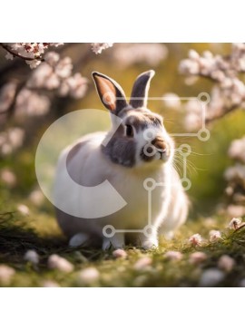 Intra Συλλεκτικό Ξύλινο Παζλ Plywood  4mm - Λευκό και γκρίζο κουνέλι κοντά σε ανθισμένες κερασιές Σε Ξύλινο Κουτί - Διαστάσεις: 10x10 cm – 25 κομμάτια