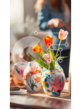 Intra Συλλεκτικό Ξύλινο Παζλ Plywood  4mm - Γυναίκα με πολύχρωμα βάζα και φρέσκα λουλούδια σε ένα τραπέζι Σε Ξύλινο Κουτί - Διαστάσεις Puzzle: 10x10 cm – 25 κομμάτια
