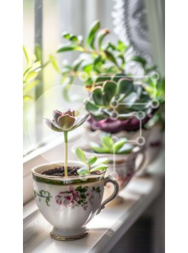 Σετ των 2 Intra Συλλεκτικό Ξύλινο Παζλ Plywood  4mm - Παράθυρο με φλιτζάνια τσαγιού και παχύφυτα Σε Ξύλινο Κουτί - Διαστάσεις: 10x10 cm – 25 κομμάτια