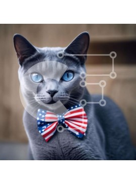 Intra Συλλεκτικό Ξύλινο Παζλ Plywood  4mm - Happy Grey Cat με παπιγιόν με θέμα την αμερικανική σημαία Σε Ξύλινο Κουτί - Διαστάσεις: 10x10 cm – 25 κομμάτια