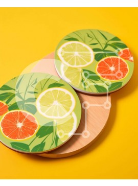 Σετ των 2 Intra Συλλεκτικό Ξύλινο Παζλ Plywood  4mm - Σουβέρ εσπεριδοειδών σε κίτρινο φόντο Σε Ξύλινο Κουτί - Διαστάσεις: 10x10 cm – 25 κομμάτια