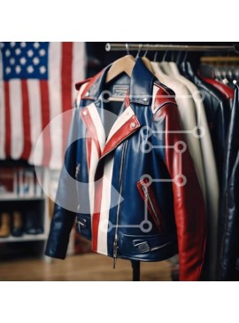 Σετ των 2 Intra Συλλεκτικό Ξύλινο Παζλ Plywood  4mm - Επίδειξη μόδας με δερμάτινα μπουφάν και τζιν τζιν με φόντο την αμερικανική σημαία Σε Ξύλινο Κουτί - Διαστάσεις: 10x10 cm – 25 κομμάτια