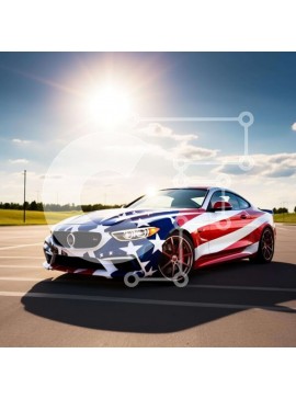 Intra Συλλεκτικό Ξύλινο Παζλ Plywood  4mm - Κόκκινο, λευκό και μπλε σπορ αυτοκίνητο BMW με αμερικανική σημαία Σε Ξύλινο Κουτί - Διαστάσεις Puzzle: 10x10 cm – 25 κομμάτια