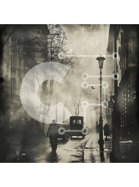 Intra Συλλεκτικό Ξύλινο Παζλ Plywood  4mm - Vintage City Street με ομίχλη και άνθρωπος που περπατά Σε Ξύλινο Κουτί - Διαστάσεις Puzzle: 10x10 cm – 25 κομμάτια