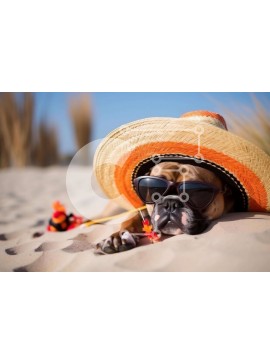 Intra Συλλεκτικό Ξύλινο Παζλ Plywood  4mm - Σκύλος με γυαλιά ηλίου και καπέλο σομπρέρο στην παραλία Σε Ξύλινο Κουτί - Διαστάσεις: 10x10 cm – 25 κομμάτια