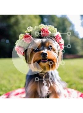 Intra Συλλεκτικό Ξύλινο Παζλ Plywood  4mm - Ευτυχισμένος σκύλος με λουλουδάτο στέμμα που απολαμβάνει σε εξωτερικούς χώρους Σε Ξύλινο Κουτί - Διαστάσεις: 10x10 cm – 25 κομμάτια