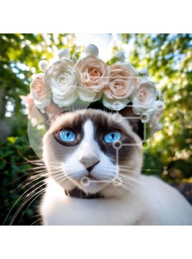 Intra Συλλεκτικό Ξύλινο Παζλ Plywood  4mm - Σιαμέζικη γάτα με μπλε μάτια που φορά λουλούδια σε εξωτερικούς χώρους Σε Ξύλινο Κουτί - Διαστάσεις: 10x10 cm – 25 κομμάτια