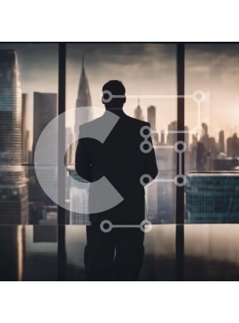 Intra Συλλεκτικό Ξύλινο Παζλ Plywood  4mm - Επιχειρηματίας μπροστά από τα παράθυρα στον ορίζοντα της πόλης Σε Ξύλινο Κουτί - Διαστάσεις Puzzle: 10x10 cm – 25 κομμάτια