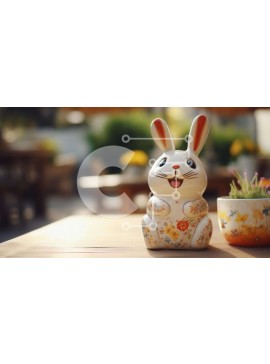 Intra Συλλεκτικό Ξύλινο Παζλ Plywood  4mm - Λευκό κεραμικό ειδώλιο λαγουδάκι και χαμογελαστά φυτά σε γλάστρες Σε Ξύλινο Κουτί - Διαστάσεις Puzzle: 10x10 cm – 25 κομμάτια