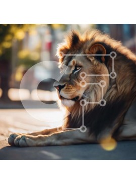 Intra Συλλεκτικό Ξύλινο Παζλ Plywood  4mm - Λιοντάρι που στηρίζεται στο δρόμο μπροστά από τα κτίρια Σε Ξύλινο Κουτί - Διαστάσεις: 10x10 cm – 25 κομμάτια