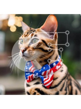 Intra Συλλεκτικό Ξύλινο Παζλ Plywood  4mm - Γάτα Βεγγάλης με παπιγιόν με αμερικανική σημαία Σε Ξύλινο Κουτί - Διαστάσεις: 10x10 cm – 25 κομμάτια