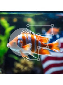 Intra Συλλεκτικό Ξύλινο Παζλ Plywood  4mm - Πολύχρωμα ψάρια που κολυμπούν στο ενυδρείο με αμερικανική σημαία Σε Ξύλινο Κουτί - Διαστάσεις: 10x10 cm – 25 κομμάτια