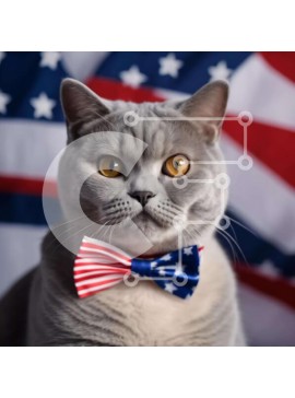 Intra Συλλεκτικό Ξύλινο Παζλ Plywood  4mm - Γκρι γάτα με παπιγιόν με αμερικανική σημαία Σε Ξύλινο Κουτί - Διαστάσεις: 10x10 cm – 25 κομμάτια